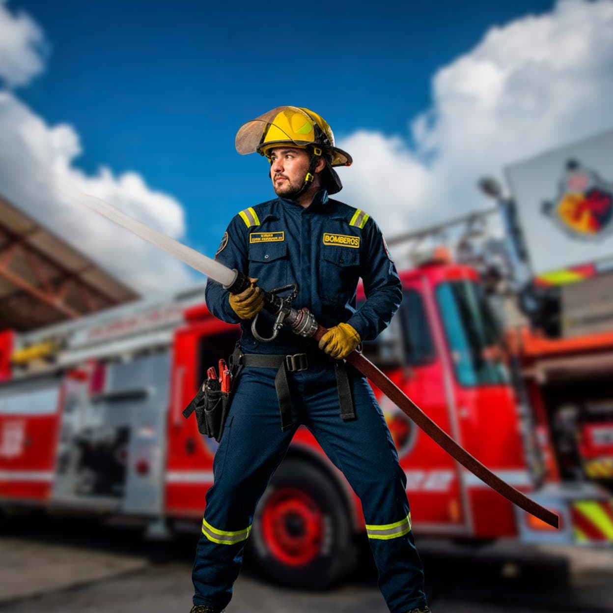 Bomberos con overoles y equipos de intervención