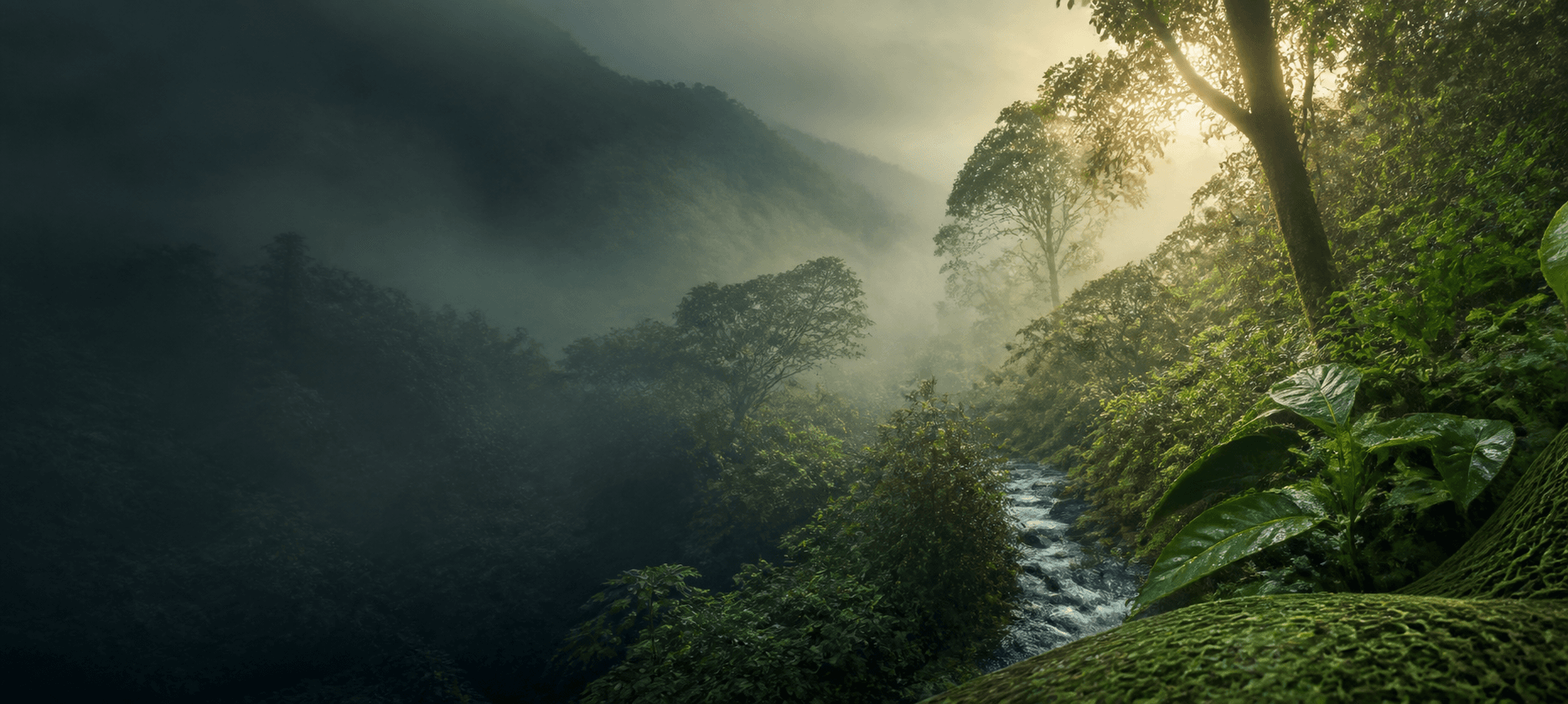 Bosque nublado andino atravesado por un arroyo al amanecer