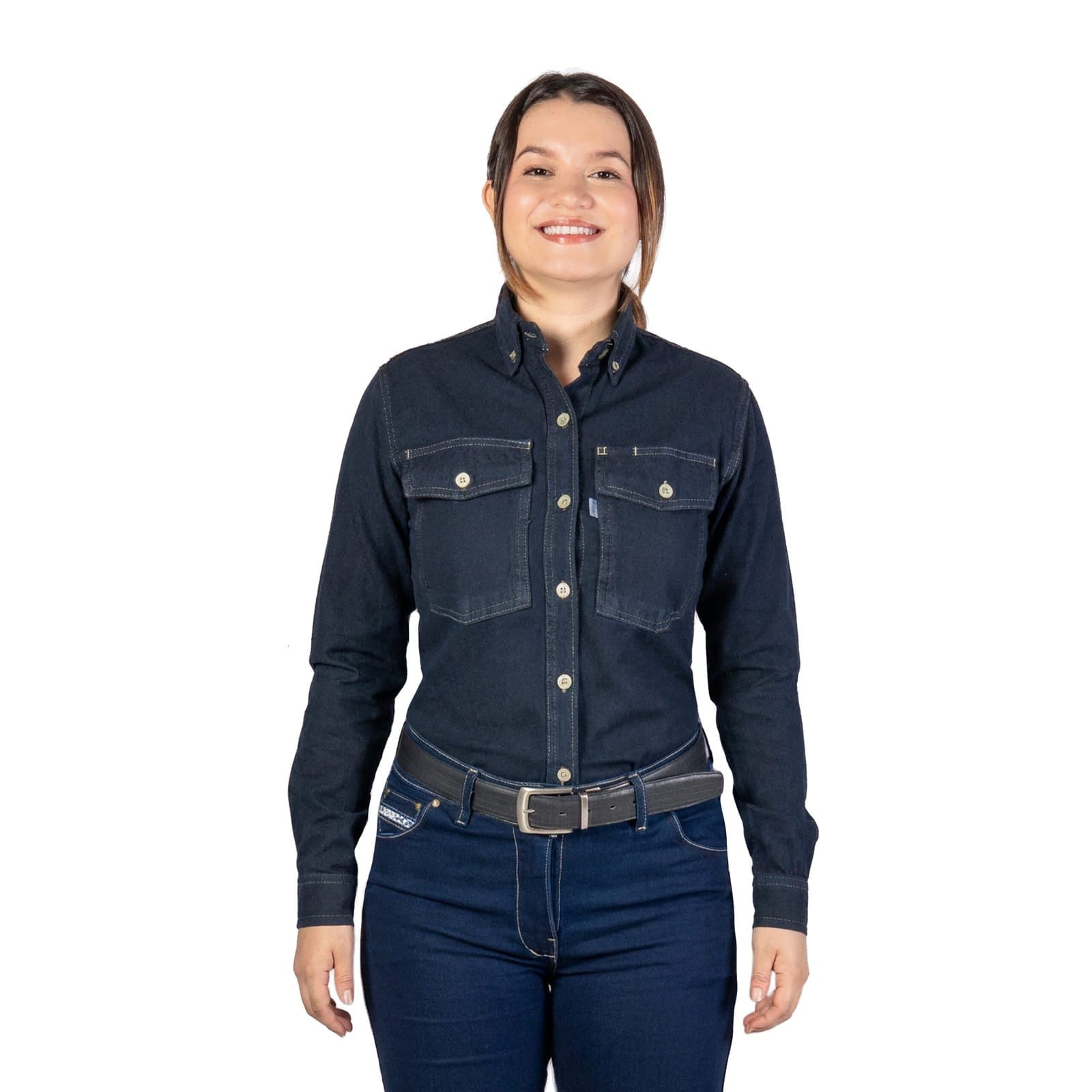 Camisa jean prelavada de algodón para dama en Índigo